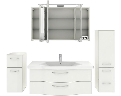 Badezimmerensemble mit Waschtischunterschrank, Spiegelschrank und Hochschrank