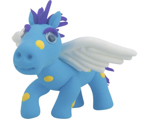 Figur eines blauen Pegasus mit gelben Punkten und Flügeln