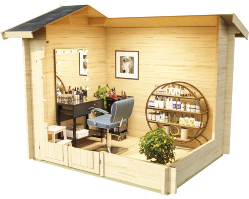 Abri de jardin en bois avec intérieur de salon de coiffure, comprenant un fauteuil de coiffure, un miroir avec éclairage et une étagère