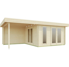 Holzgartenhaus mit überdachter Veranda und Fenstern