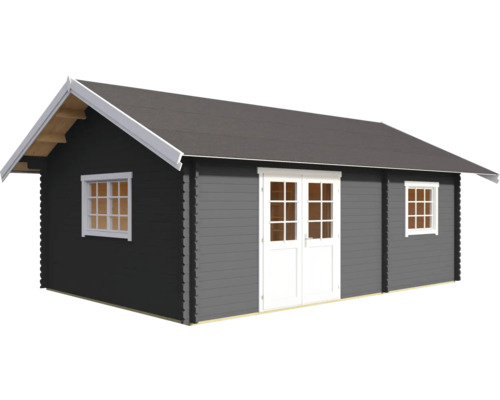 Blockbohlenhaus mit Fenstern und Doppeltür