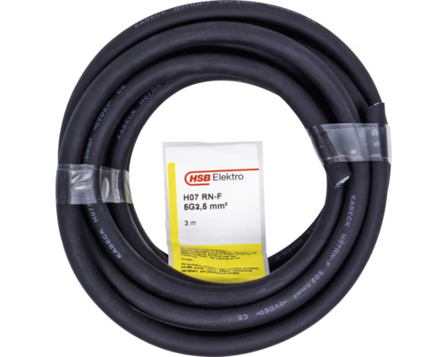 Gummischlauchleitung H07RN-F 5 x 2,5 mm² 3 m schwarz Schwarzes H07RN-F Kabel 5G2,5 mm² im Ring mit Etikett