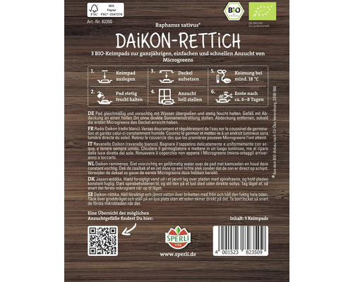 Emballage de graines de radis Daikon avec instructions pour la culture de micro-pousses