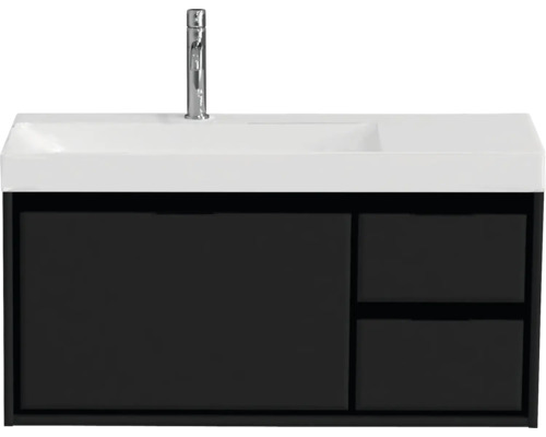 Ensemble de meubles de salle de bains Sanox Loft lxhxp 101 x 52,5 x 46 cm couleur de façade noir mat 2 pièces avec lavabo céramique bac à gauche