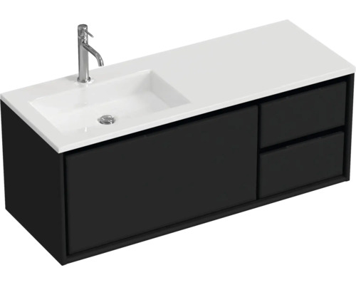 Badmöbel-Set Sanox Loft BxHxT 120,5 (85/35) x 47 x 45,5 cm Frontfarbe schwarz matt 2-teilig mit Waschtisch Mineralguss Becken links Badmöbel-Set Sanox Loft BxHxT 120,5 (85/35) x 47 x 45,5 cm Frontfarbe schwarz matt 2-teilig mit Waschtisch Mineralguss Becken links