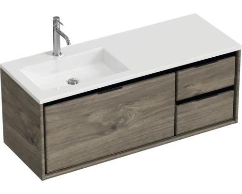 Ensemble de meubles de salle de bains Sanox Loft lxhxp 120,5 (85/35) x 47 x 45,5 cm couleur de façade expresso 2 pièces avec lavabo en fonte minérale bac à gauche blanc mat