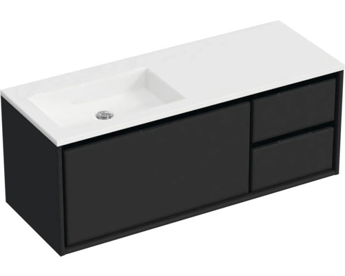 Badmöbel-Set Sanox Loft BxHxT 120,5 (85/35) x 47 x 45,5 cm Frontfarbe schwarz matt 2-teilig mit Waschtisch Mineralguss Becken links weiß matt ohne Hahnloch