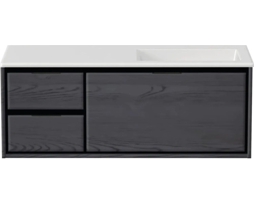Badmöbel-Set Sanox Loft BxHxT 120,5 (35/85) x 47 x 45,5 cm Frontfarbe black oak 2-teilig mit Waschtisch Mineralguss Becken rechts weiß matt ohne Hahnloch