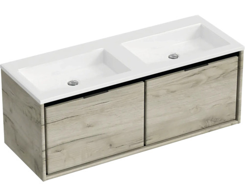 Ensemble de meubles de salle de bains Sanox Loft lxhxp 120,5 (60/60) x 47 x 45,5 cm couleur de façade craft oak 2 pièces avec lavabo double en fonte minérale sans perçage de robinetterie