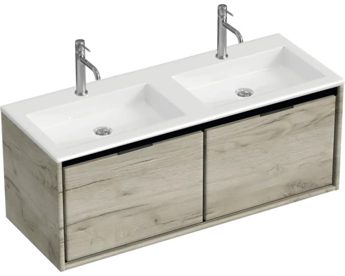 Doppelwaschbecken mit Unterschrank Sanox LOFT BxHxT 120.5x47x45.5 cm Frontfarbe craft oak 84750360 Doppelwaschbecken mit Unterschrank Sanox LOFT BxHxT 120.5x47x45.5 cm Frontfarbe craft oak 84750360