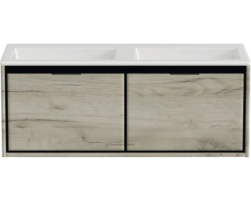 Badmöbel-Set Sanox Loft BxHxT 120,5 (60/60)) x 47 x 45,5 cm Frontfarbe craft oak 2-teilig mit Doppelwaschtisch Mineralguss weiß matt ohne Hahnloch