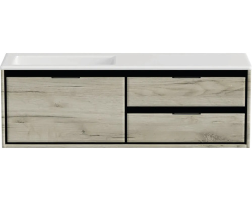 Badmöbel-Set Sanox Loft BxHxT 140,5 x 47 x 45,5 cm Frontfarbe craft oak 2-teilig mit Waschtisch Mineralguss Becken links ohne Hahnloch Waschtischunterschrank mit Holzdekor und Schubladen