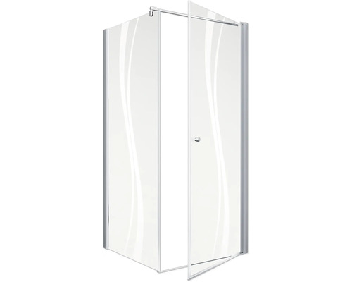 Douche d''angle avec porte ouverte et panneaux de verre à motif ondulé
