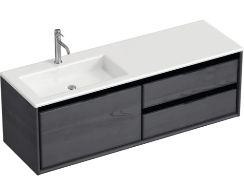 Badmöbel-Set Sanox Loft BxHxT 140,5 x 47 x 45,5 cm Frontfarbe black oak 2-teilig mit Waschtisch Mineralguss Becken links weiß matt Waschtischunterschrank mit Waschbecken und zwei Schubladen