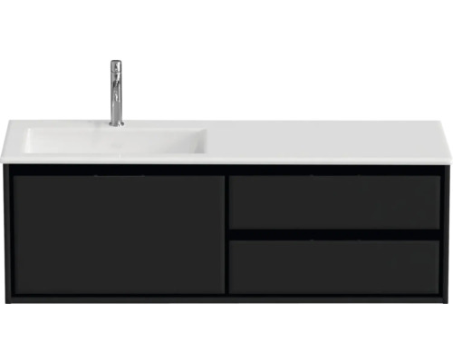 Badmöbel-Set Sanox Loft BxHxT 140,5 x 47 x 45,5 cm Frontfarbe schwarz matt 2-teilig mit Waschtisch Mineralguss Becken links weiß matt Waschtischunterschrank mit Waschbecken und Armatur