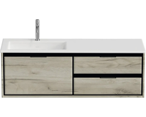Badmöbel-Set Sanox Loft BxHxT 140,5 x 47 x 45,5 cm Frontfarbe craft oak 2-teilig mit Waschtisch Mineralguss Becken links weiß matt Waschtisch mit zwei Schubladen und Waschbecken