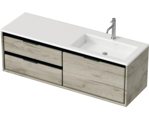 Badmöbel-Set Sanox Loft BxHxT 140,5 x 47 x 45,5 cm Frontfarbe craft oak 2-teilig mit Waschtisch Mineralguss Becken rechts weiß matt Waschtisch mit Unterschrank, Waschbecken, Schubladen und Armatur