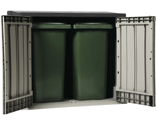 Mülltonnenbox mit zwei grünen Mülltonnen und geöffneten Türen