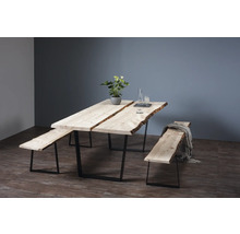 Ensemble de salle à manger avec plateau de table en bois, deux bancs et cadre en métal noir