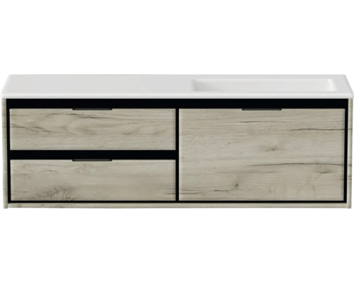 Badmöbel-Set Sanox Loft BxHxT 140,5 x 47 x 45,5 cm Frontfarbe craft oak 2-teilig mit Waschtisch Mineralguss Becken rechts weiß matt ohne Hahnloch Waschtischunterschrank mit zwei Schubladen und einem Waschbecken