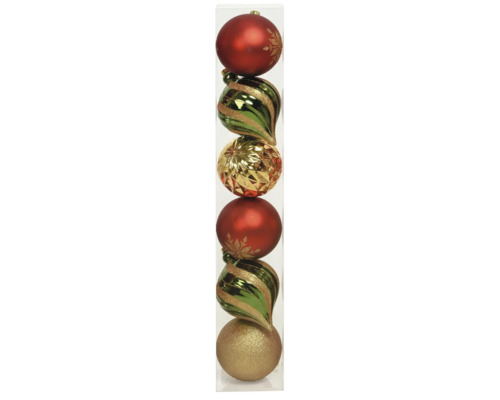Paquet de six boules de Noël de différentes formes et couleurs