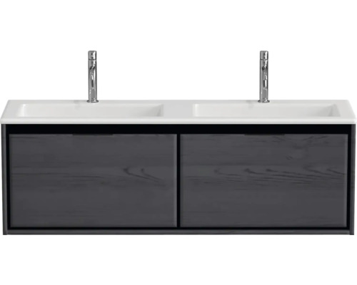 Waschtischunterschrank mit zwei Waschbecken und zwei Armaturen
