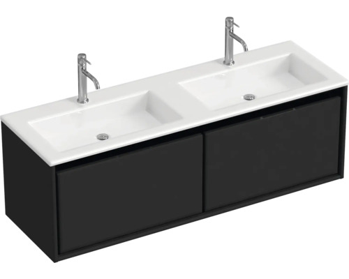 Doppelwaschbecken mit Unterschrank Sanox LOFT BxHxT 140.5x47x45.5 cm Frontfarbe schwarz matt 84752432 Doppelwaschbecken mit Unterschrank Sanox LOFT BxHxT 140.5x47x45.5 cm Frontfarbe schwarz matt 84752432