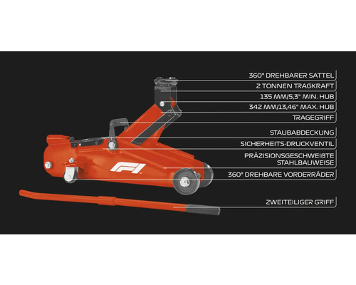 Rangierwagenheber mit drehbarem Sattel, zwei Tonnen Tragkraft, Staubabdeckung und zweiteiligem Griff