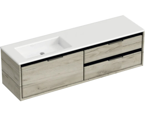 Badmöbel-Set Sanox Loft BxHxT 160,5 x 47 x 45,5 cm Frontfarbe craft oak 2-teilig mit Waschtisch Mineralguss Becken links ohne Hahnloch Waschtischunterschrank mit zwei Schubladen und Waschtisch