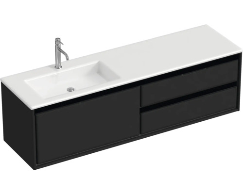 Badmöbel-Set Sanox Loft BxHxT 160,5 x 47 x 45,5 cm Frontfarbe schwarz matt 2-teilig mit Waschtisch Mineralguss Becken links weiß matt Waschtisch mit Waschbecken, Armatur und zwei Schubladen