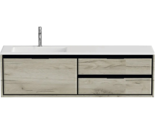 Badmöbel-Set Sanox Loft BxHxT 160,5 x 47 x 45,5 cm Frontfarbe craft oak 2-teilig mit Waschtisch Mineralguss Becken links weiß matt Waschtischunterschrank mit Waschbecken und Armatur