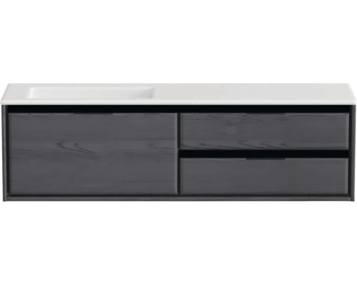 Badmöbel-Set Sanox Loft BxHxT 160,5 x 47 x 45,5 cm Frontfarbe black oak 2-teilig mit Waschtisch Mineralguss Becken links weiß matt ohne Hahnloch Hängender Waschtischunterschrank mit zwei Schubladen und einem Waschbecken