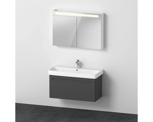 Badmöbel-Set DURAVIT No.1 BxHxT 100 x 200 x 45 cm Frontfarbe graphit mit Waschtisch weiß und Waschtischunterschrank Spiegelschrank mit LED-Beleuchtung N10186049490000 Waschtisch mit Unterschrank und Spiegelschrank mit Beleuchtung an einer Wand