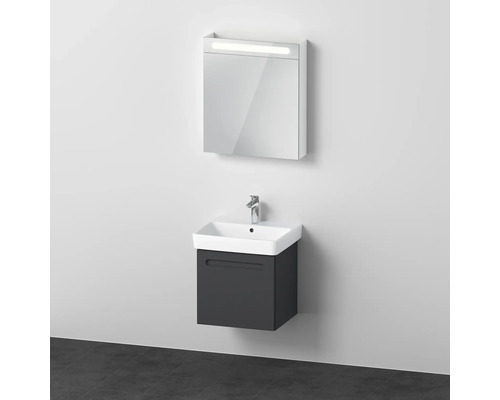 Badmöbel-Set DURAVIT No.1 BxHxT 55 x 200 x 45 cm Frontfarbe graphit mit Waschtisch weiß und Waschtischunterschrank Spiegelschrank rechts mit LED-Beleuchtung N10153R49490000 Badezimmer-Szene mit Waschbeckenunterschrank, Aufsatzwaschbecken und Spiegelschrank mit Beleuchtung