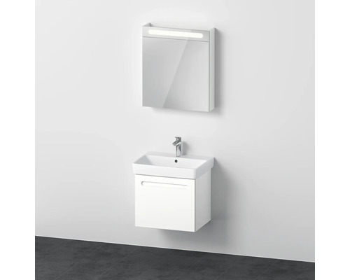 Badmöbel-Set DURAVIT No.1 BxHxT 60 x 200 x 45 cm Frontfarbe weiß mit Waschtisch weiß und Waschtischunterschrank Spiegelschrank rechts mit LED-Beleuchtung N10155R18180000 Waschtisch mit Unterschrank und Spiegelschrank mit Beleuchtung an einer Wand montiert