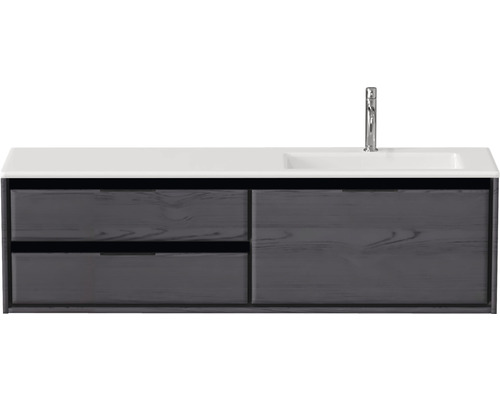 Badmöbel-Set Sanox Loft BxHxT 160,5 x 47 x 45,5 cm Frontfarbe black oak 2-teilig mit Waschtisch Mineralguss Becken rechts weiß matt Waschtischunterschrank mit zwei Schubladen, Waschbecken und Armatur