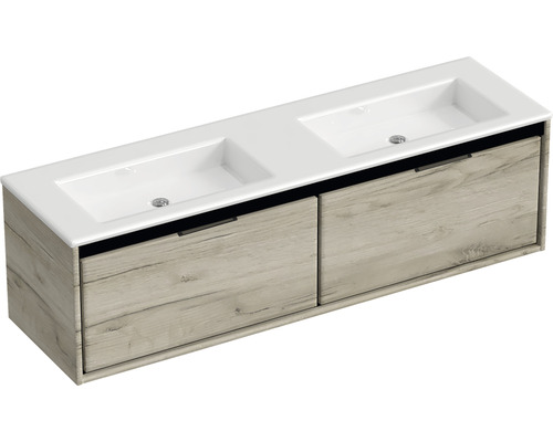 Waschtisch mit zwei Waschbecken und Holzstruktur