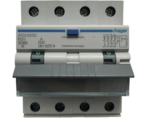 Disjoncteur de protection en cas de défaut de courant Hager ADX420D 4P 10kA B-20A 30mA type A