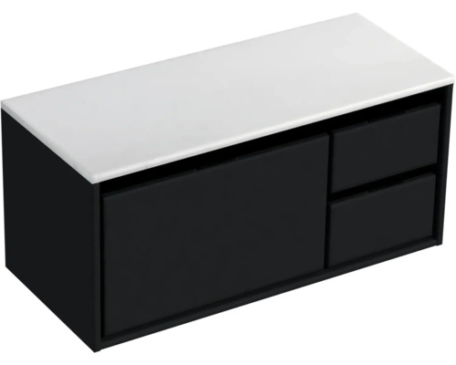 Waschtischunterschrank Sanox Loft BxHxT 101 x 47 cm x 46 cm Frontfarbe schwarz matt mit Waschtischplatte Kunststein weiß 2 Schubkästen rechts