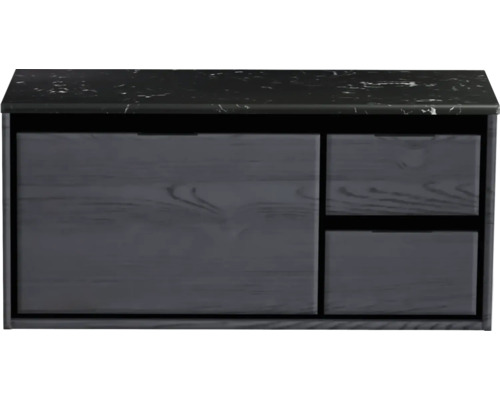 Meuble sous-vasque Sanox Loft lxhxp 101 x 47 cm x 46 cm couleur de façade black oak avec plan de lavabo en pierre synthétique noir 2 tiroirs à droite