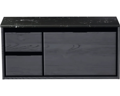 Meuble sous-vasque Sanox Loft lxhxp 101 x 47 cm x 46 cm couleur de façade black oak avec plan de lavabo en pierre synthétique noir 2 tiroirs à gauche