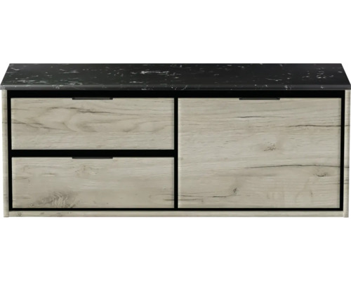 Meuble sous-vasque Sanox Loft lxhxp 121 x 47 cm x 46 cm couleur de façade craft oak avec plan de lavabo en pierre synthétique noir 2 tiroirs à gauche