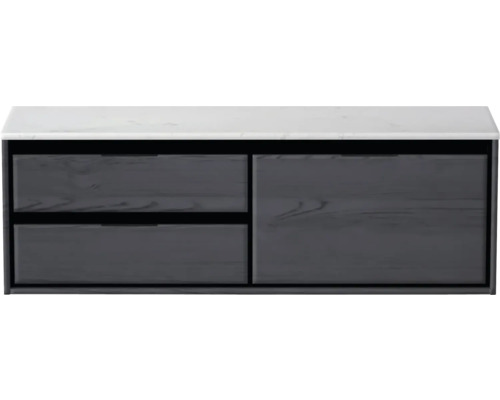 Meuble sous-vasque Sanox Loft lxhxp 141 x 47 cm x 46 cm couleur de façade black oak avec plan de lavabo en pierre synthétique blanc 2 tiroirs à gauche Meuble sous-vasque avec deux tiroirs et une porte avec plateau en marbre