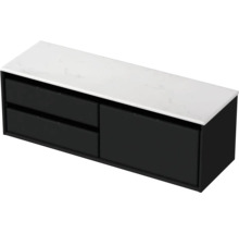 Waschtischunterschrank Sanox Loft BxHxT 141 x 47 cm x 46 cm Frontfarbe schwarz matt mit Waschtischplatte Kunststein weiß 2 Auszüge links