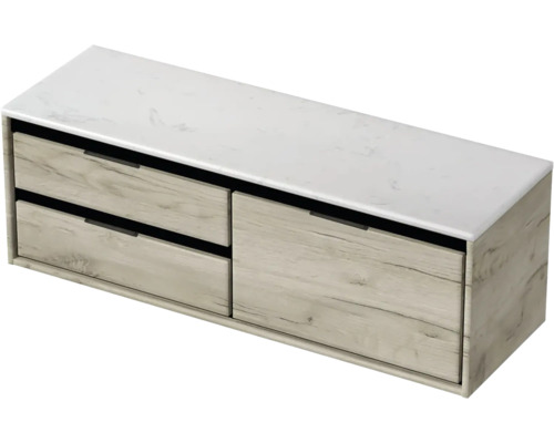 Meuble sous-vasque Sanox Loft lxhxp 141 x 47 cm x 46 cm couleur de façade craft oak avec plan de lavabo en pierre synthétique blanc 2 tiroirs à gauche Meuble sous-vasque avec deux tiroirs et plan de travail aspect marbre