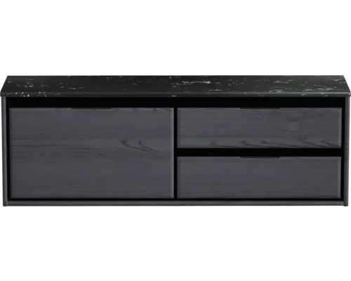 Meuble sous-vasque Sanox Loft lxhxp 141 x 47 cm x 46 cm couleur de façade black oak avec plan de lavabo en pierre synthétique noir 2 tiroirs à droite Meuble sous-lavabo avec trois tiroirs et plateau en pierre