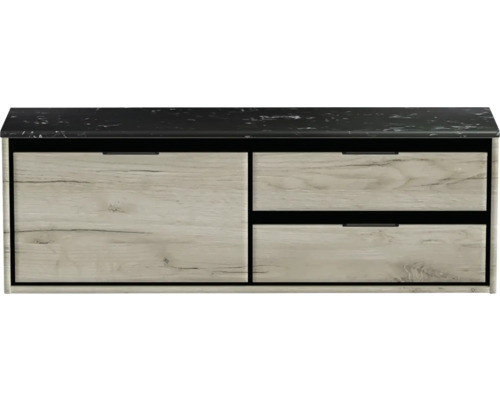 Meuble sous-vasque Sanox Loft lxhxp 141 x 47 cm x 46 cm couleur de façade craft oak avec plan de lavabo en pierre synthétique noir 2 tiroirs à droite Meuble sous-vasque avec deux tiroirs et une étagère