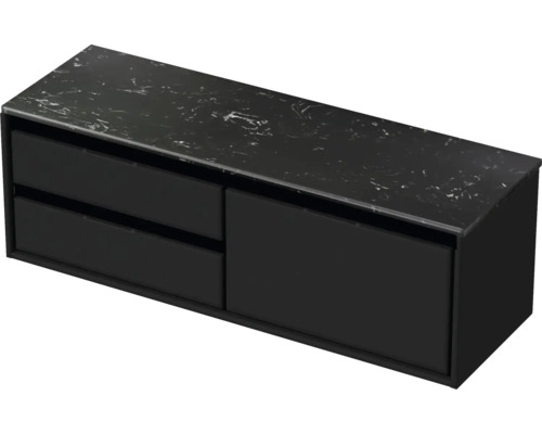 Waschtischunterschrank Sanox Loft BxHxT 141 x 47 cm x 46 cm Frontfarbe schwarz matt mit Waschtischplatte Kunststein schwarz 2 Auszüge links Waschbeckenunterschrank mit zwei Schubladen und einer Ablageplatte
