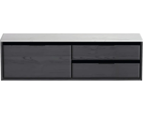 Meuble sous-vasque Sanox Loft lxhxp 161 x 47 cm x 46 cm couleur de façade black oak avec plan de lavabo en pierre synthétique blanc 2 tiroirs à droite Meuble sous-lavabo avec tiroirs et étagère