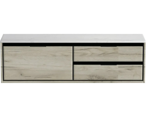 Meuble sous-vasque Sanox Loft lxhxp 161 x 47 cm x 46 cm couleur de façade craft oak avec plan de lavabo en pierre synthétique blanc 2 tiroirs à droite Meuble sous-lavabo avec tiroirs et plateau en marbre